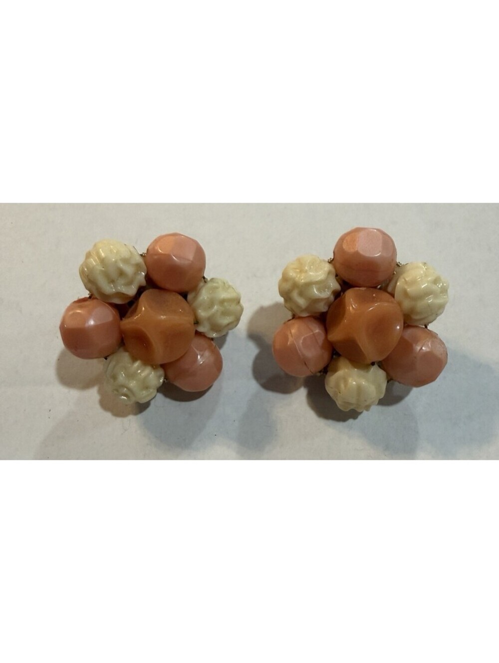 Vintage Cluster Clip-On Beaded Earrings White, Pink, & Peach Beads